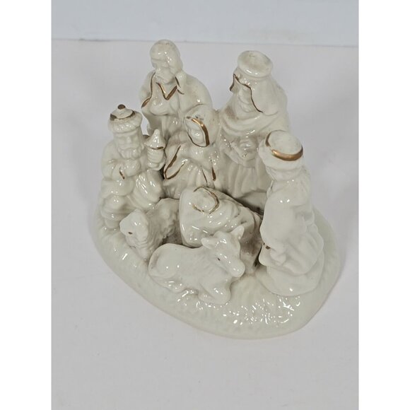 Ceramic Nativity Set Religious Christmas Off White With Gold Painted Trim - Picture 8 of 10
